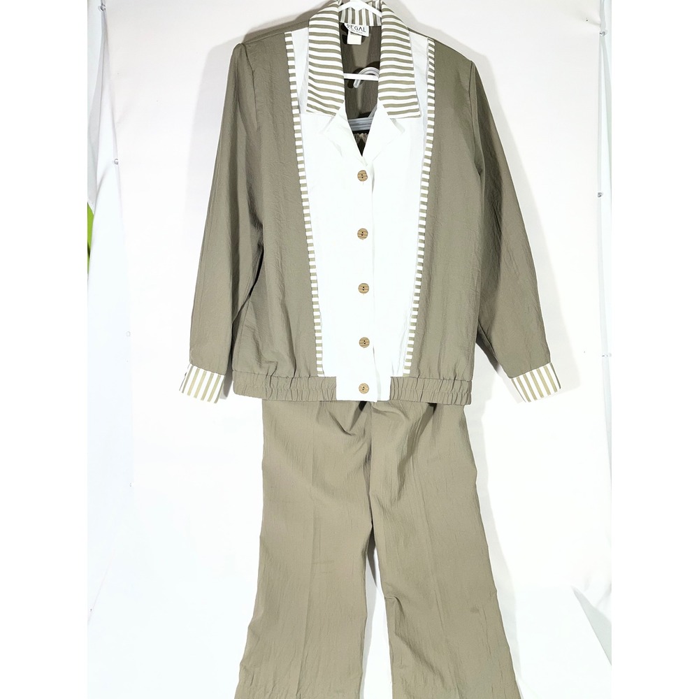 VTG Regal 2Piece Pantsuit Women Green/White Sz 8/M Striped Collar Button‎ Up